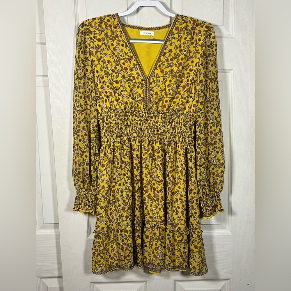 Max Studio ❤️ Yellow Floral Smocked Waist Mini Dress Boho Long Sleeve M - Picture 2 of 9